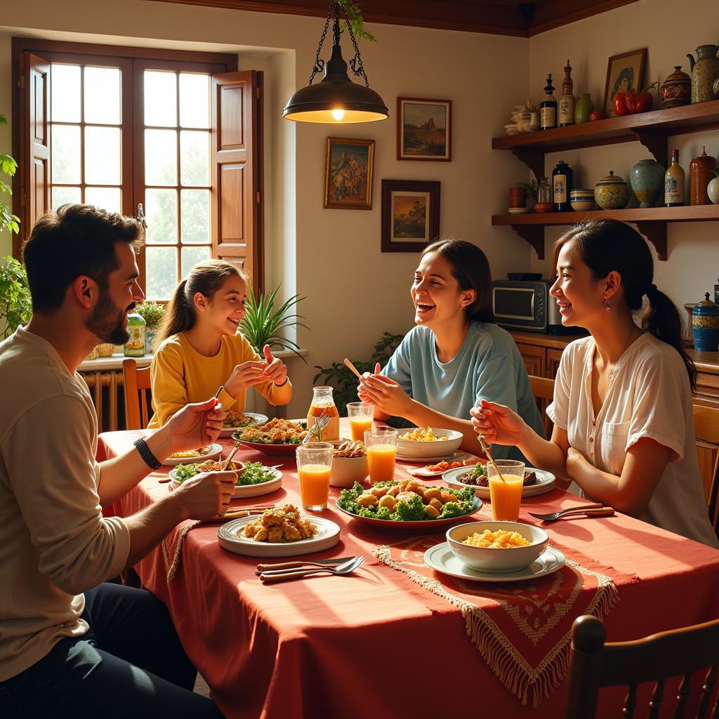 A Spanish family enjoys a meal together in their cozy dining room