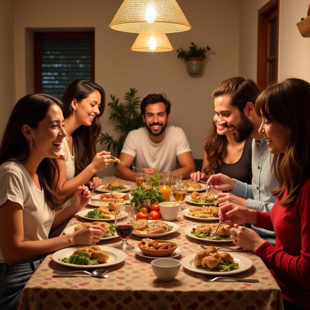 A Spanish family enjoying dinner together in their home