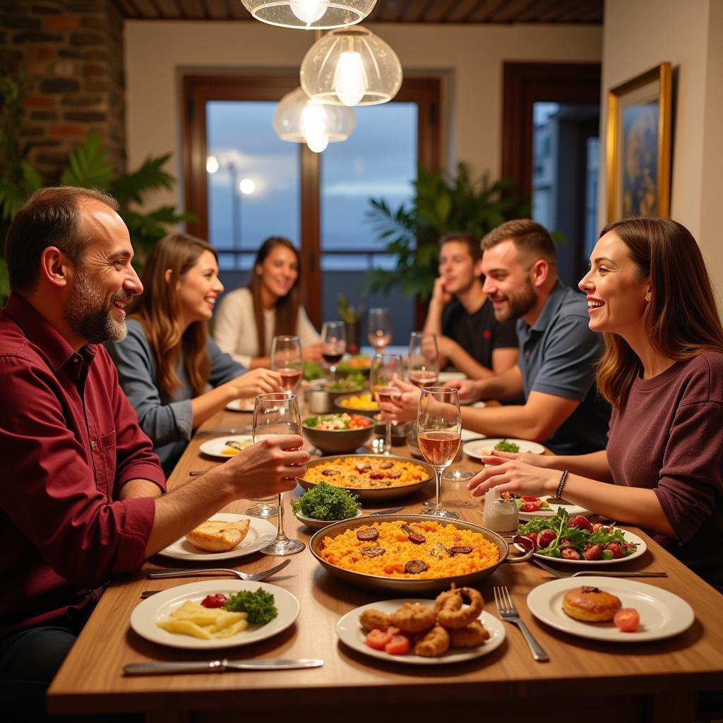 Family enjoying a traditional Spanish dinner in a cozy homestay