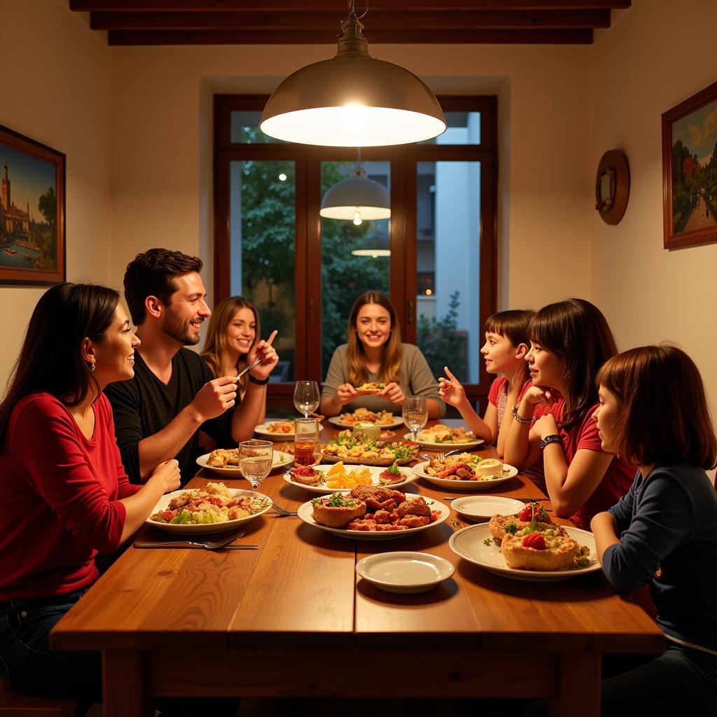 A homestay guest enjoys a traditional Spanish dinner with their host family, sharing stories and laughter in a warm and inviting atmosphere.