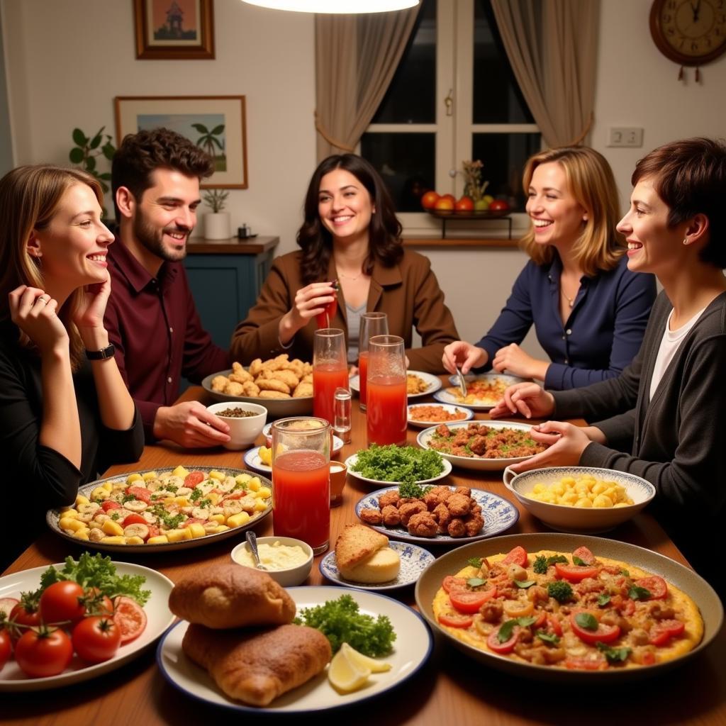 Family enjoying a traditional Spanish dinner in a homestay