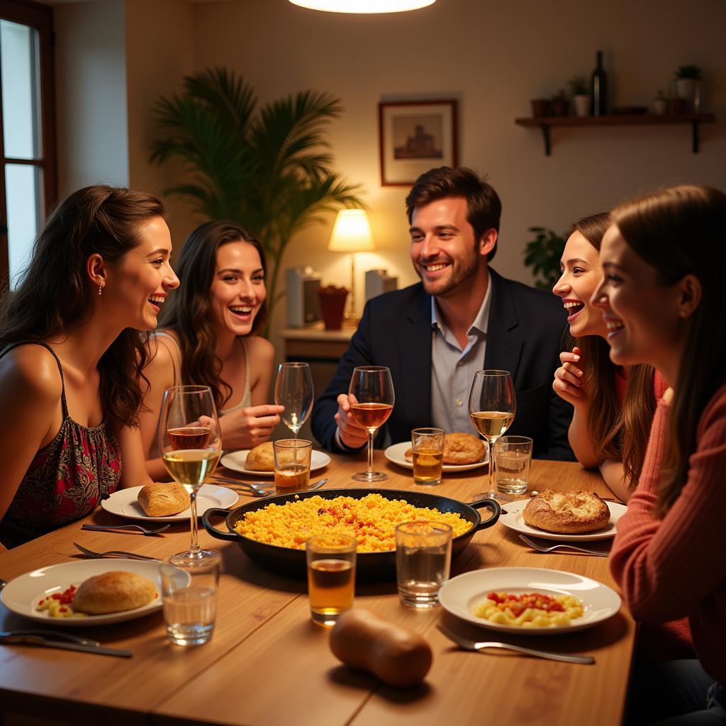 A heartwarming scene of a Spanish family enjoying dinner together in their cozy home, showcasing the warmth and hospitality of a homestay experience.