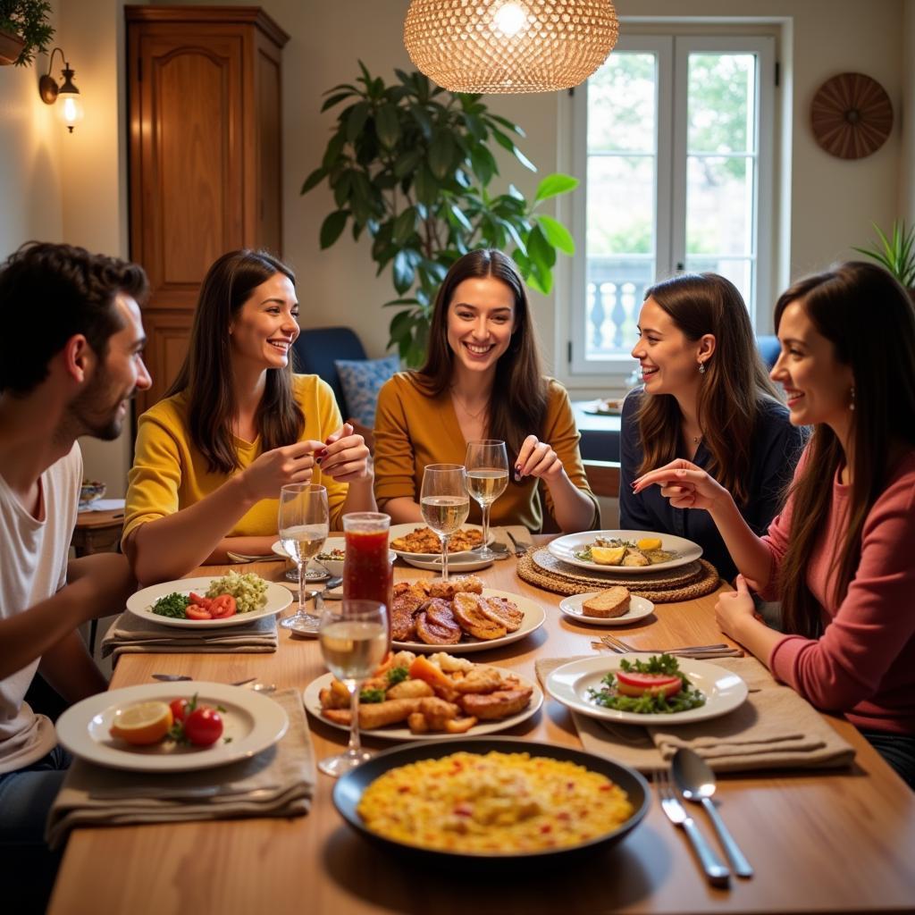 A Spanish family enjoying a traditional dinner together with their homestay student