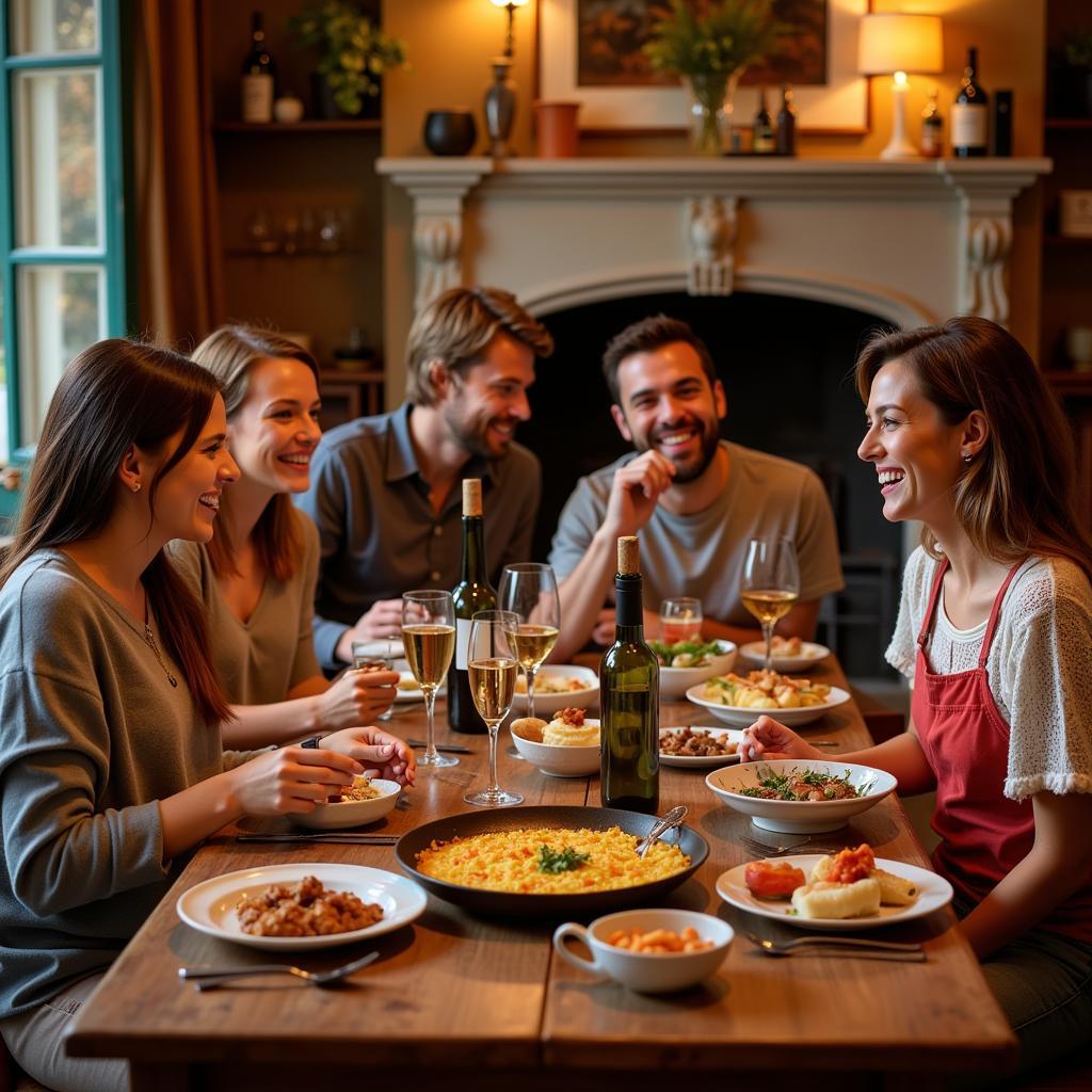 A Spanish family enjoying a traditional dinner together in their cozy home, showcasing the warmth and hospitality of a homestay experience.