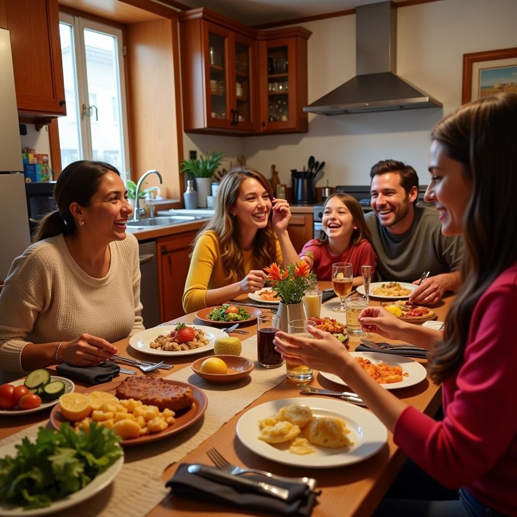 A warm and inviting scene of a Spanish family enjoying dinner together in their cozy home.