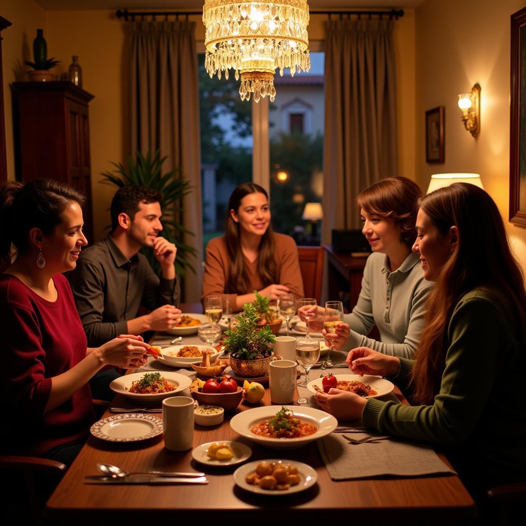 Sharing a family dinner with hosts in a Spanish homestay