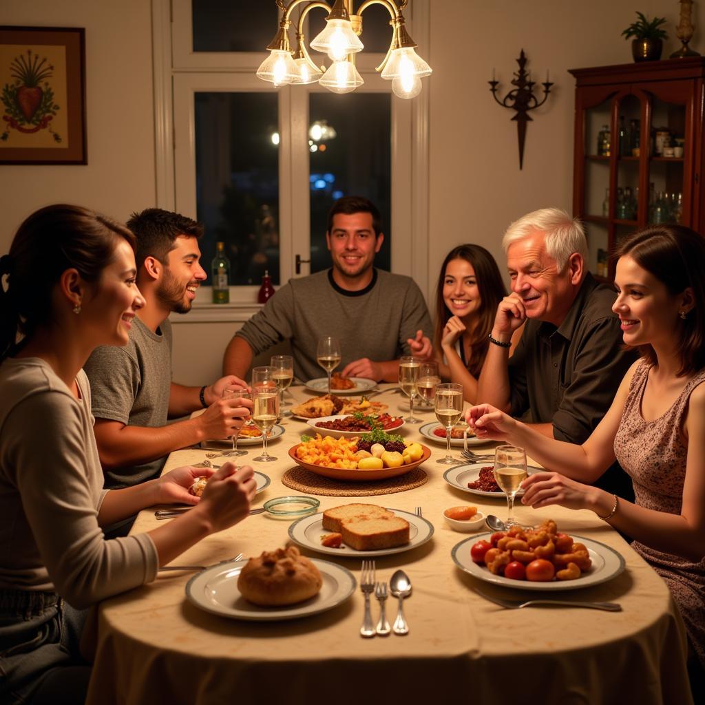 A Spanish family having dinner with their homestay student