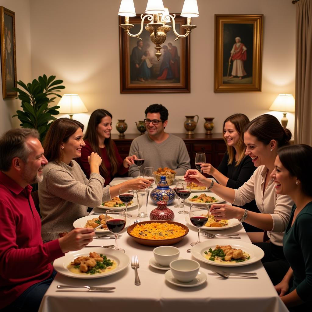 Family enjoying a traditional Spanish dinner in a homestay