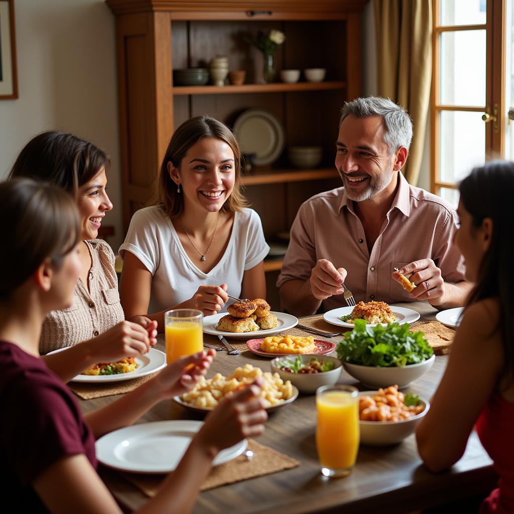 Spanish family enjoying dinner together in a cozy homestay setting