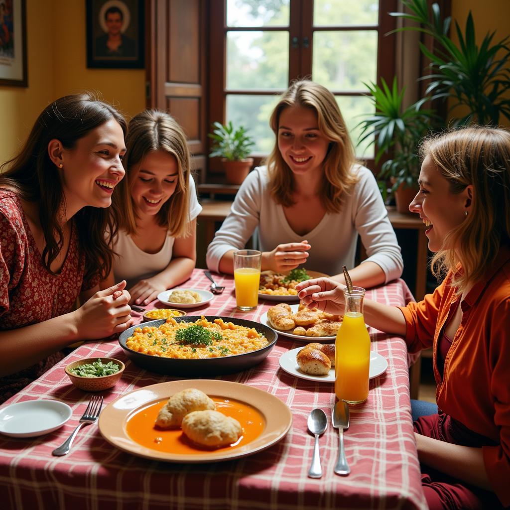 A warm and inviting Spanish family enjoys dinner together in their cozy home, showcasing the authentic homestay experience offered by me Stay in Spain.