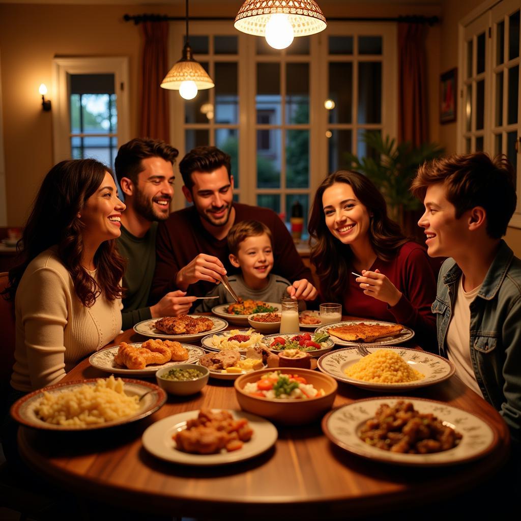 Enjoying a family dinner with Spanish homestay hosts