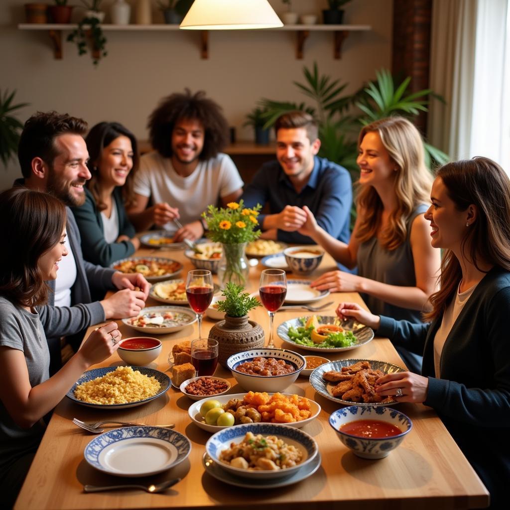 A Spanish family enjoying a traditional dinner together in their home