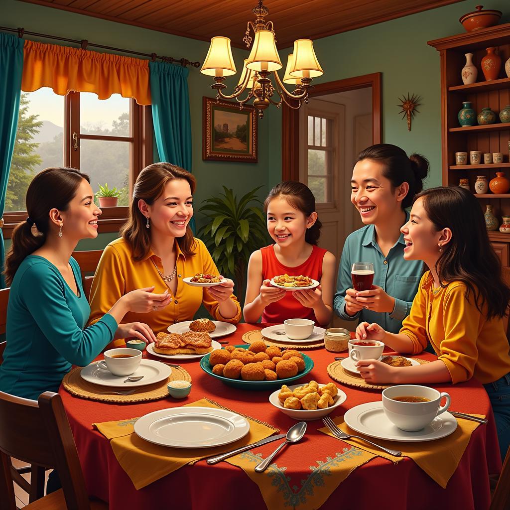 Family enjoying a traditional Spanish dinner in a cozy homestay.