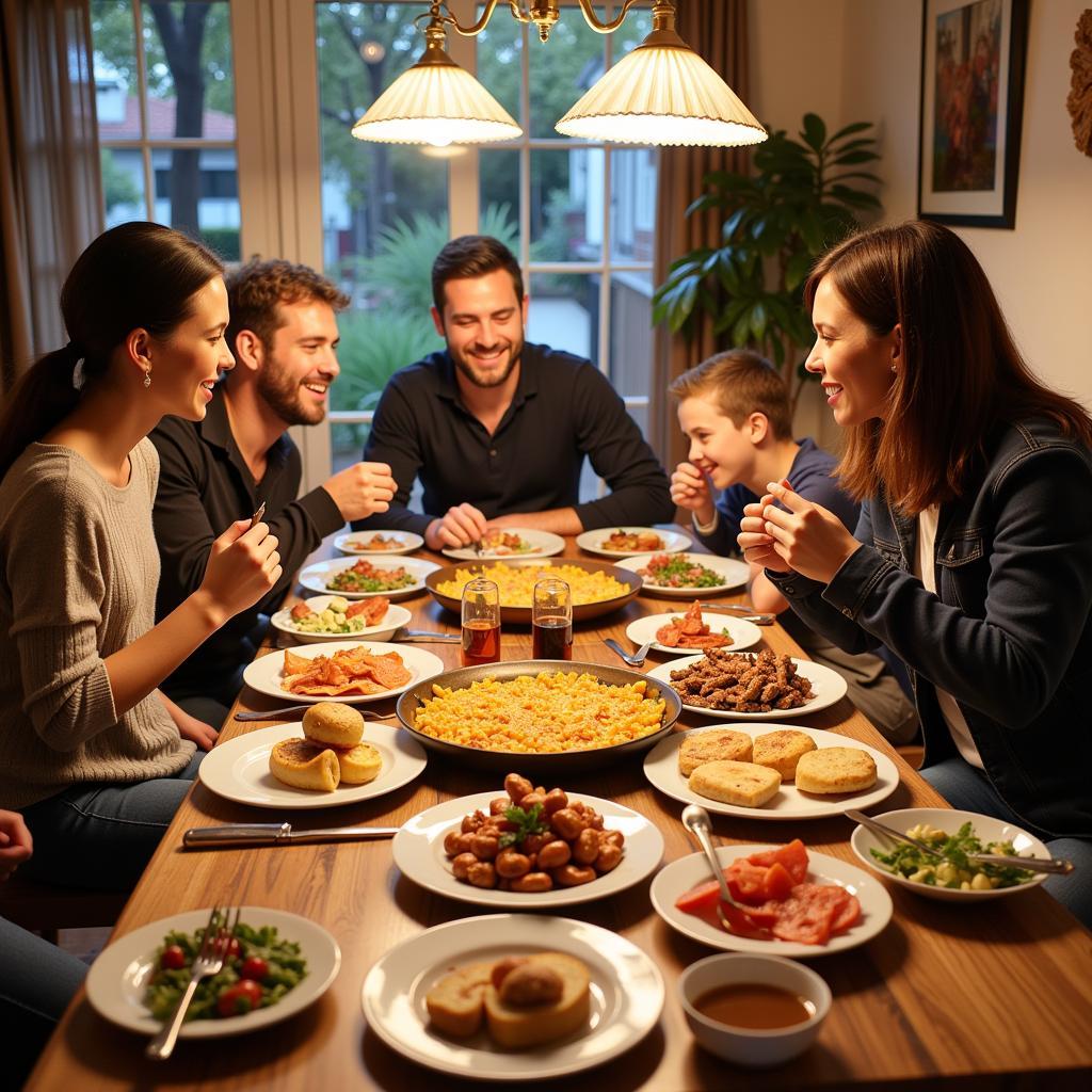 Family enjoying a traditional Spanish dinner in a homestay setting