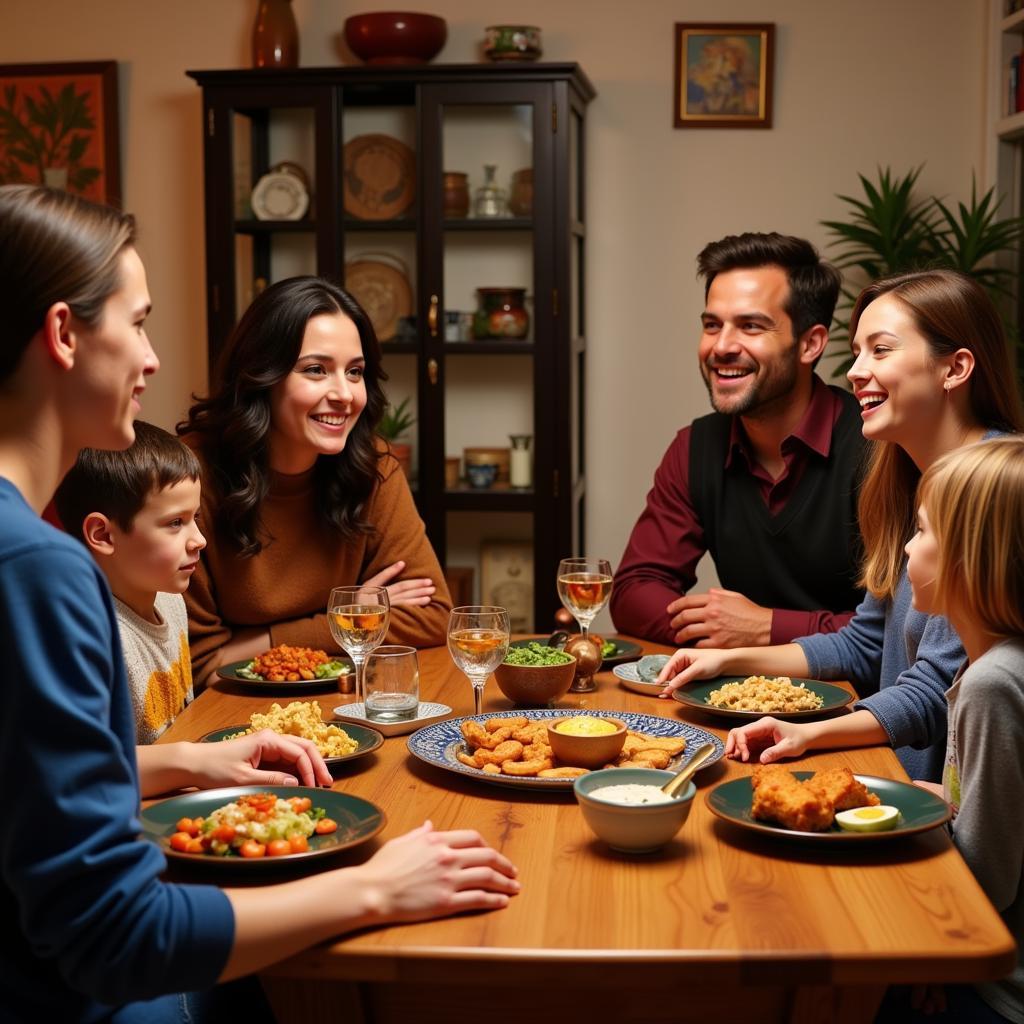 A Spanish family enjoying dinner together in their home, showcasing the warm and welcoming atmosphere of a homestay.