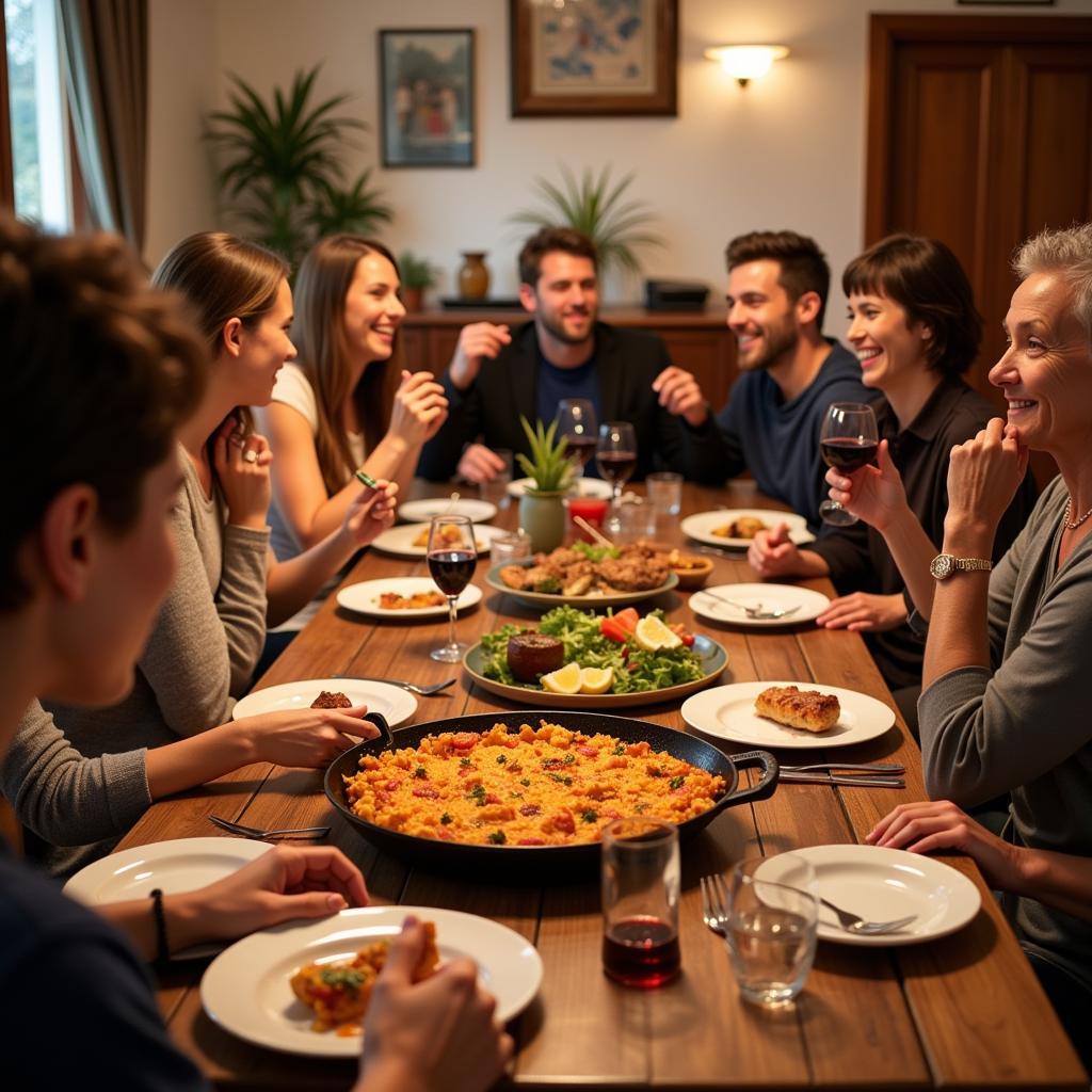 A Spanish family enjoying a traditional dinner together in their home, laughing and sharing stories.