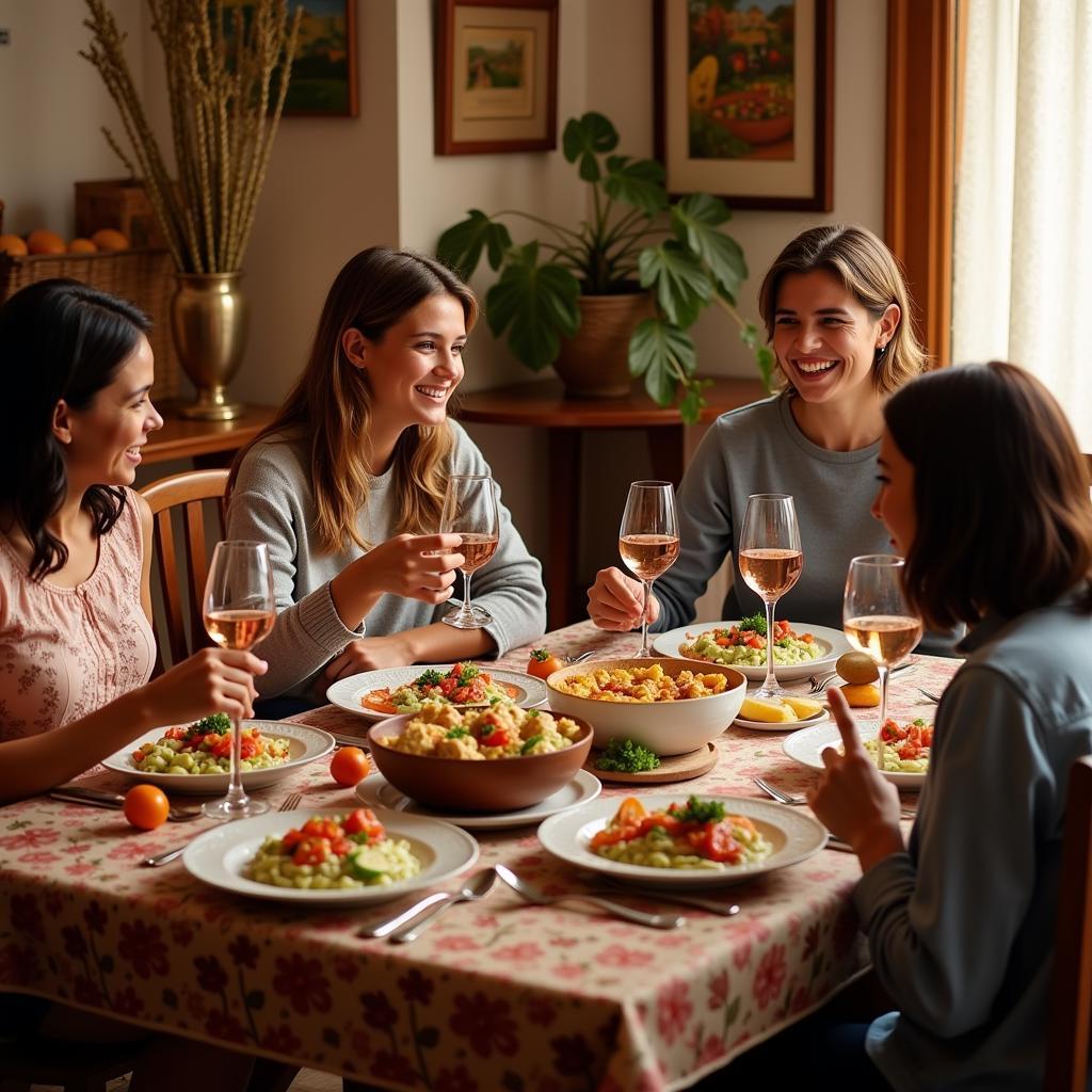 Family enjoying a traditional Spanish dinner in a homestay