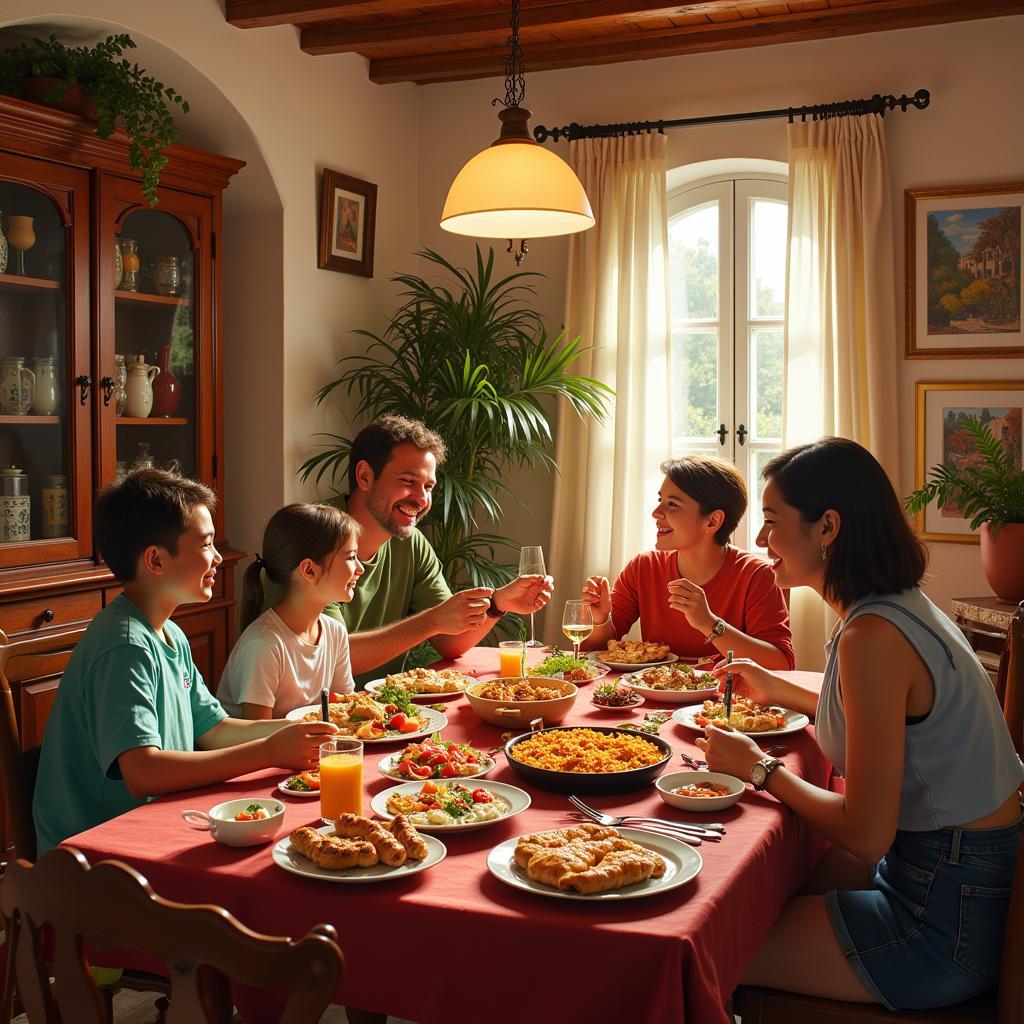 Family enjoying a traditional Spanish dinner in a cozy homestay.