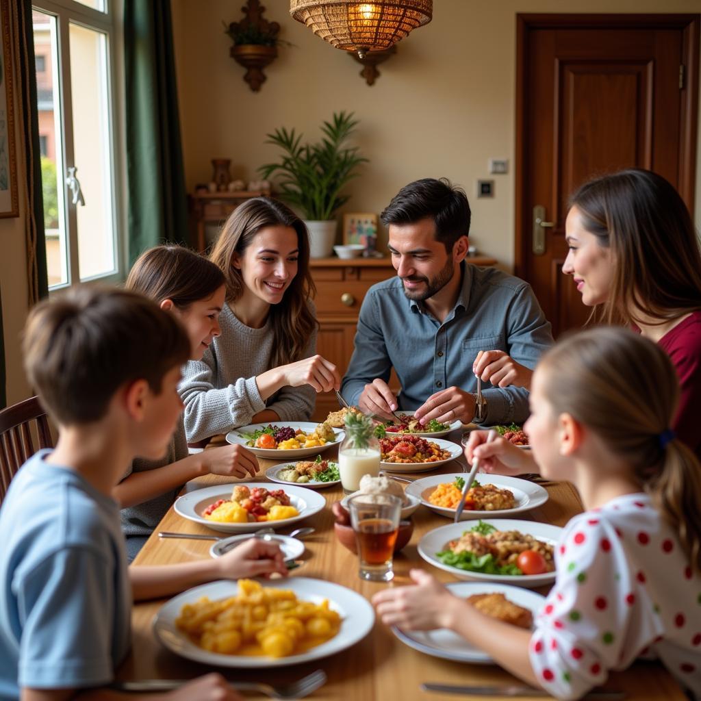 A Spanish homestay family enjoying dinner together.