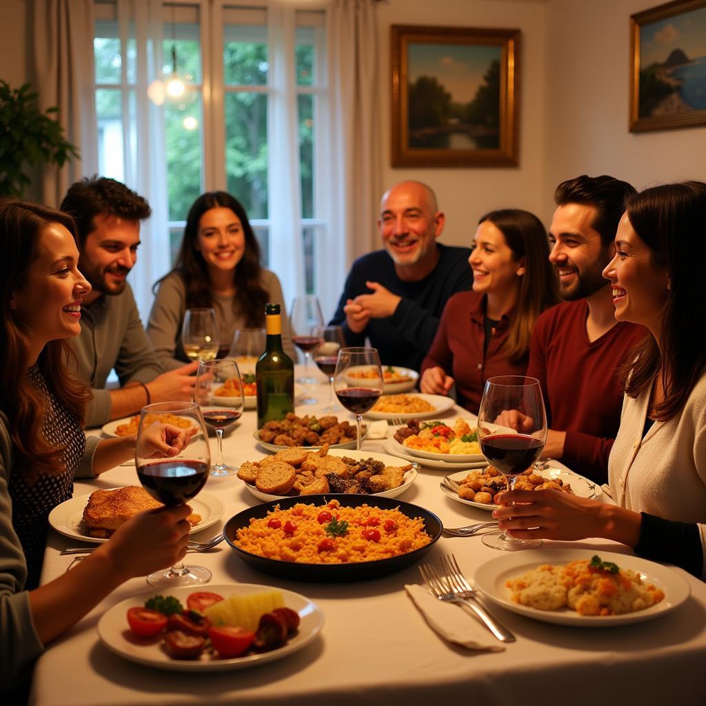 Family enjoying a traditional Spanish dinner in a homestay