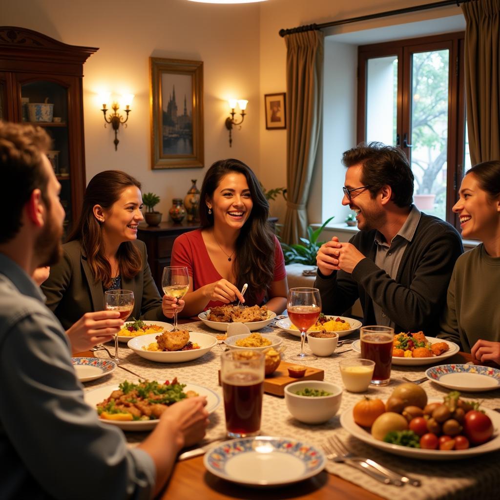 Guests sharing a family dinner with their Spanish host family