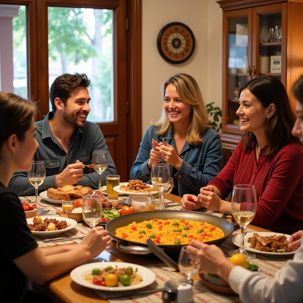 A Spanish family enjoying a traditional dinner together in their cozy home.