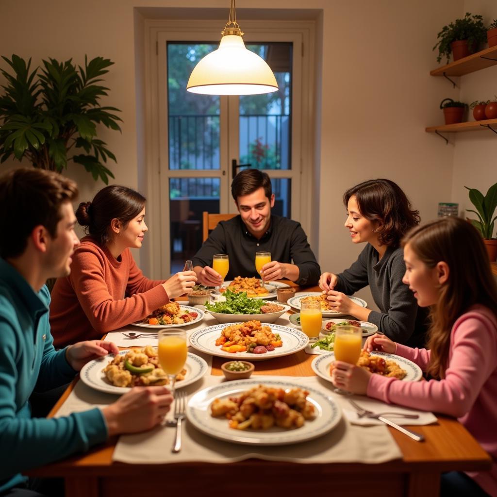 A Spanish family and a homestay student enjoying dinner together