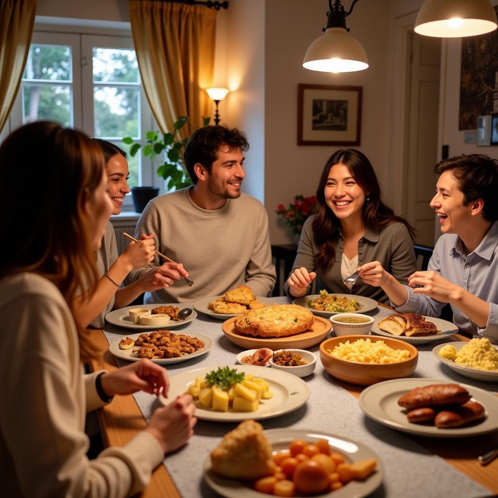 A Spanish family enjoys a traditional dinner together in their cozy home, showcasing the warmth and hospitality of a homestay experience.