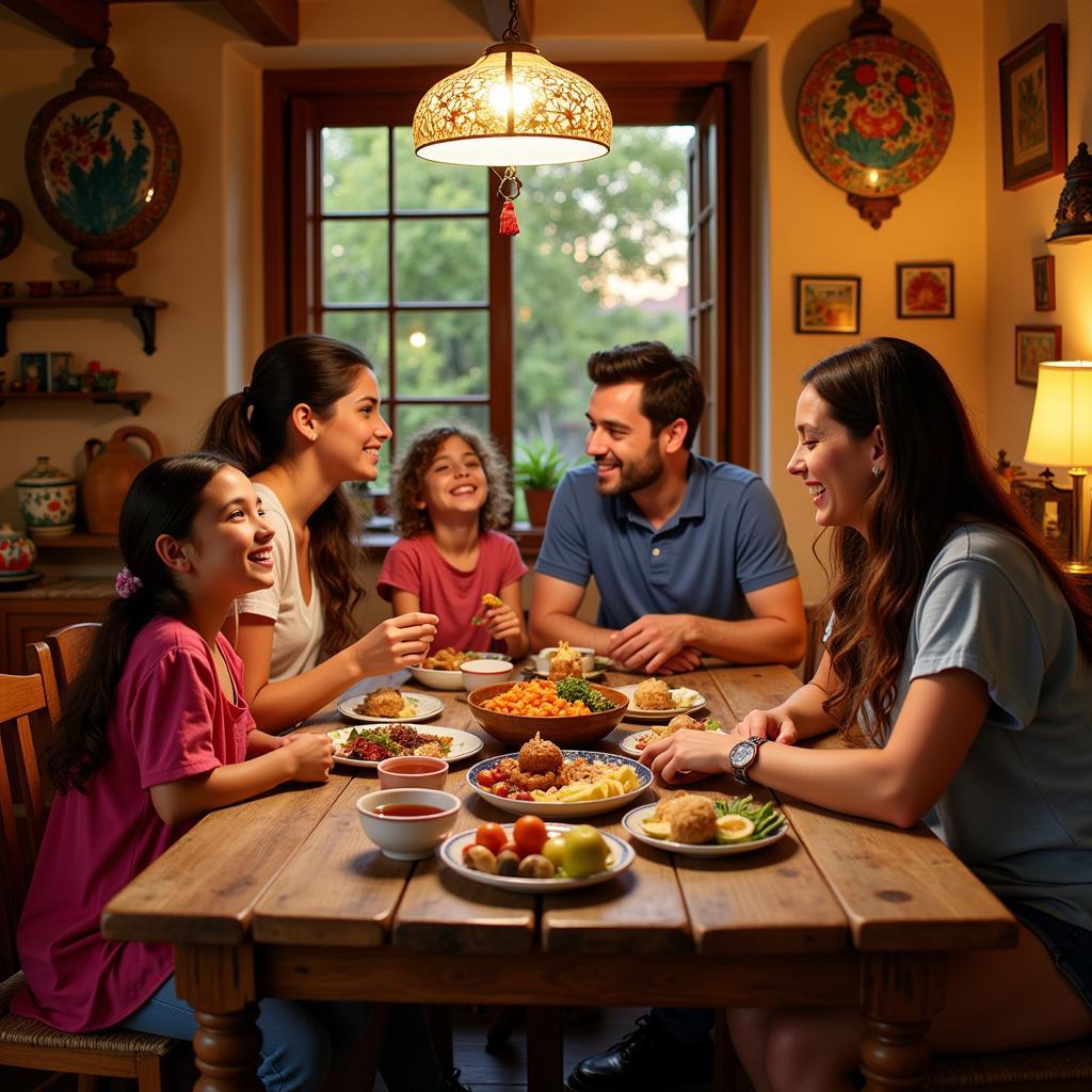 A Spanish family enjoying a meal together in their vibrant and welcoming home.