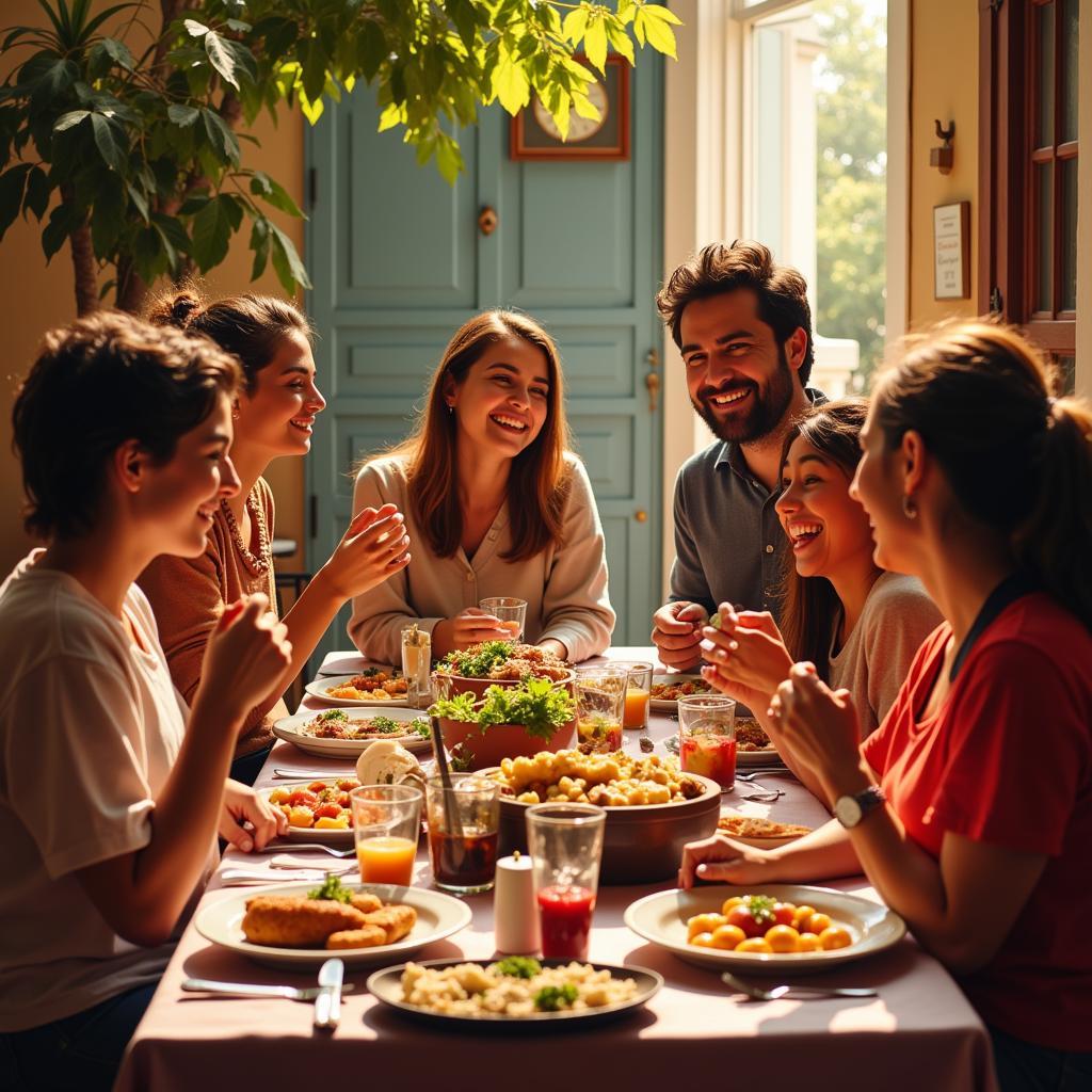 A Spanish family enjoying a meal together in their home