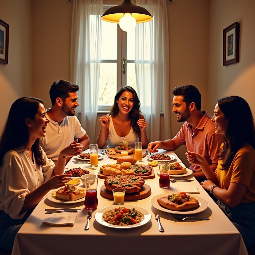 Family enjoying a traditional Spanish meal in a homestay