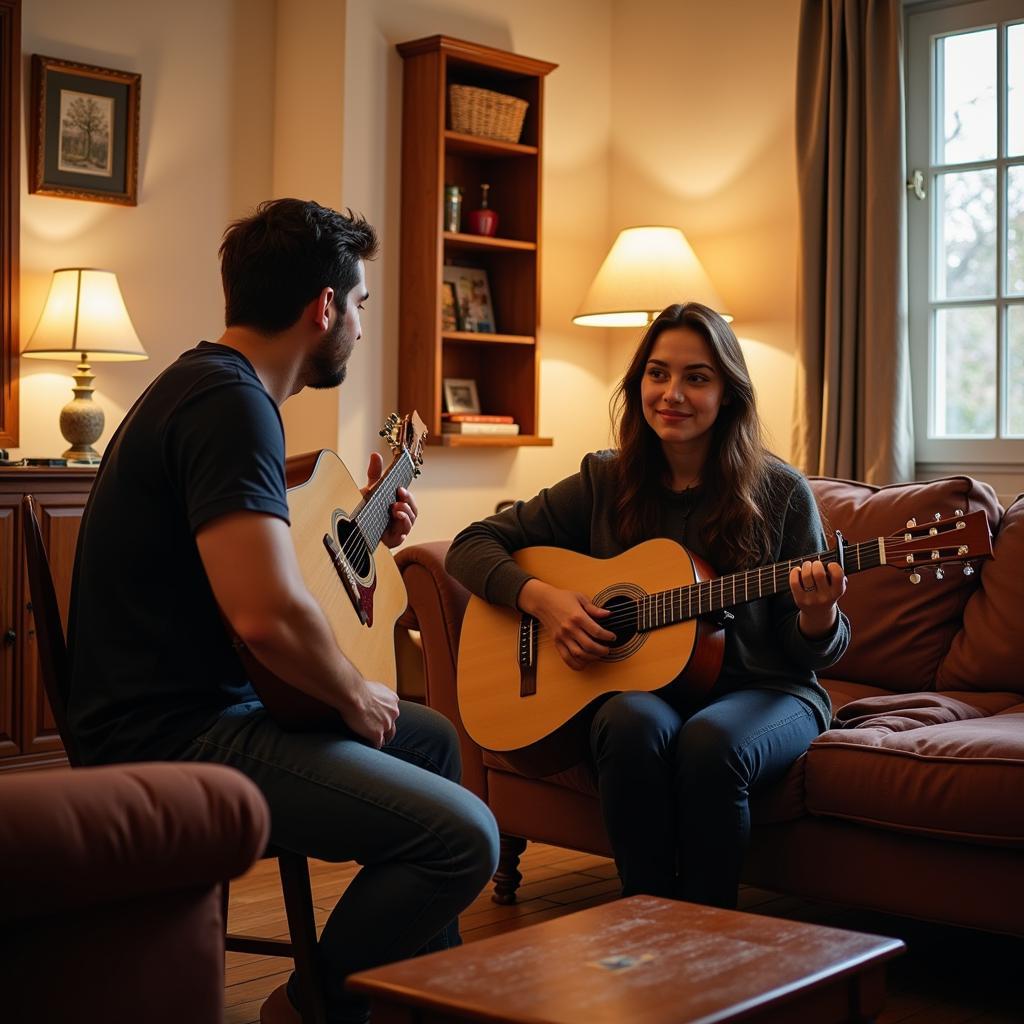 Homestay guest learning to play the guitar from a local musician