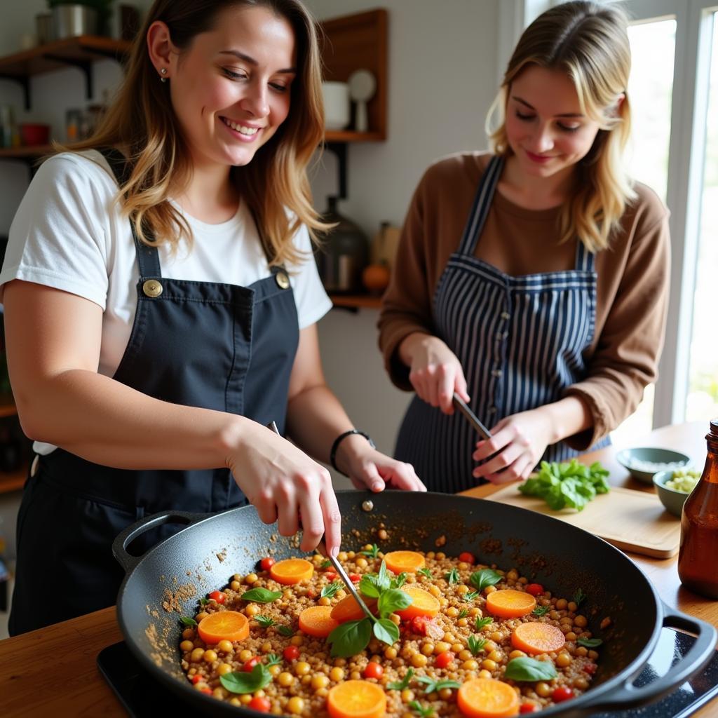 Homestay guest learning to cook paella with their host