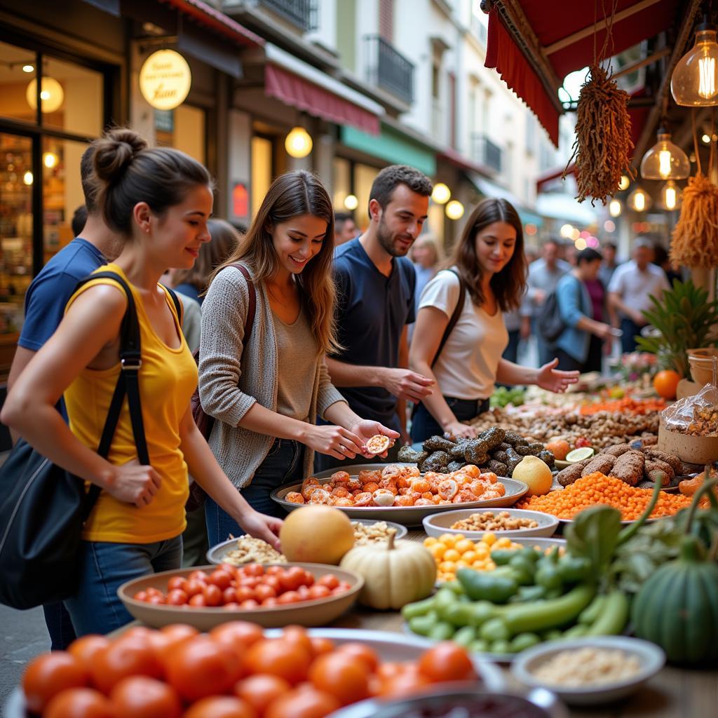 Guests exploring a local market with their host family in Spain