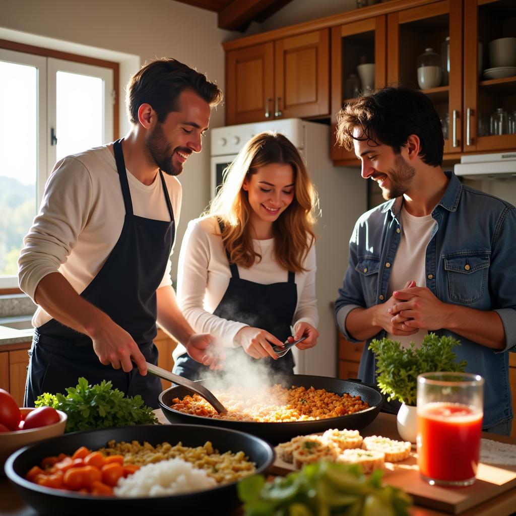 Couple cooking paella in a Spanish homestay kitchen