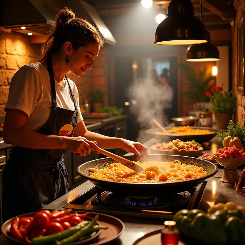 Preparing paella in a Spanish homestay kitchen