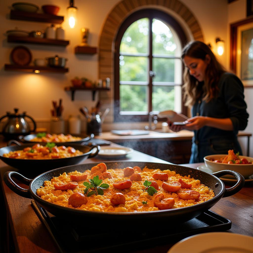 Authentic Spanish Paella Cooking in a Homestay Kitchen