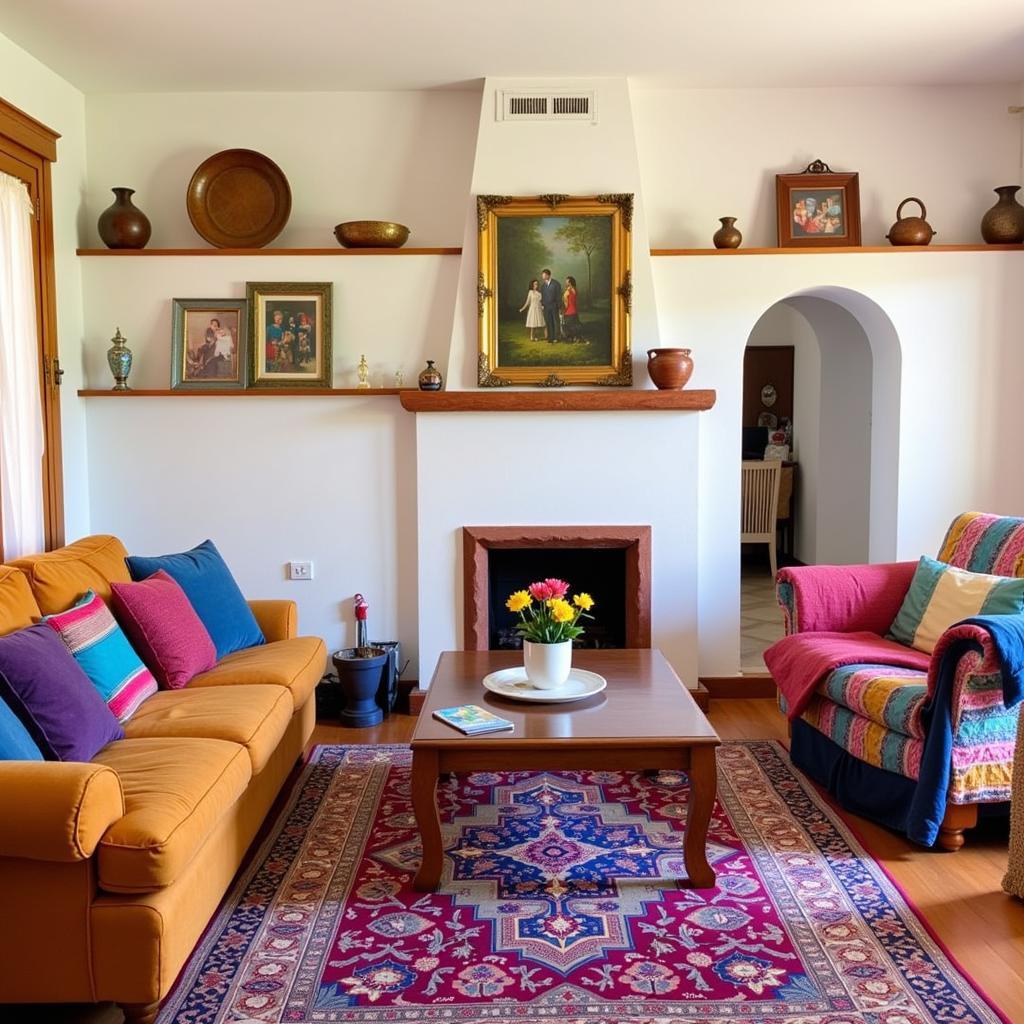 A comfortable living room in a Spanish homestay, decorated with local art and crafts.