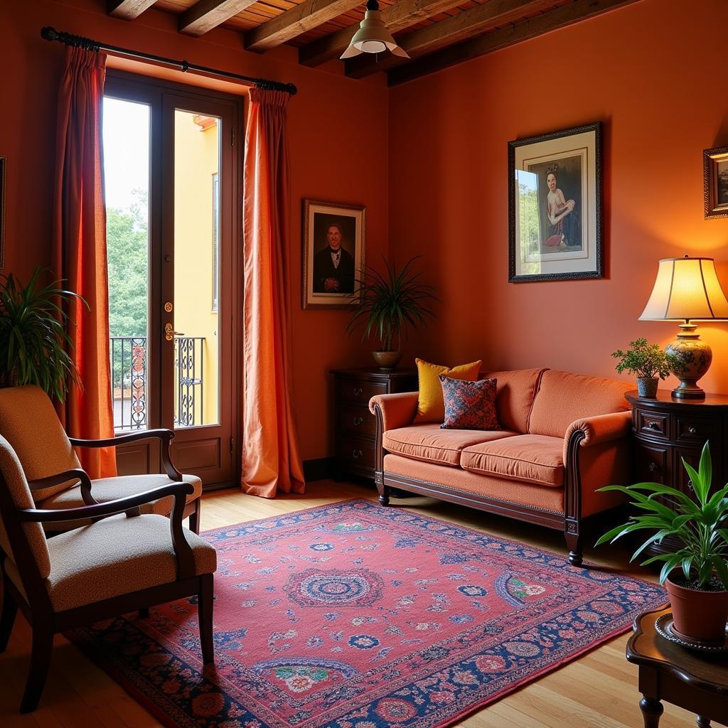 Spanish Homestay in Marietta, Georgia: A cozy living room decorated with Spanish-inspired decor, including colorful throw pillows, pottery, and a flamenco guitar.