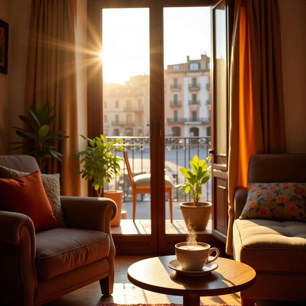 A cozy Spanish homestay living room with a window overlooking a vibrant plaza, a cup of coffee on a small table in the foreground