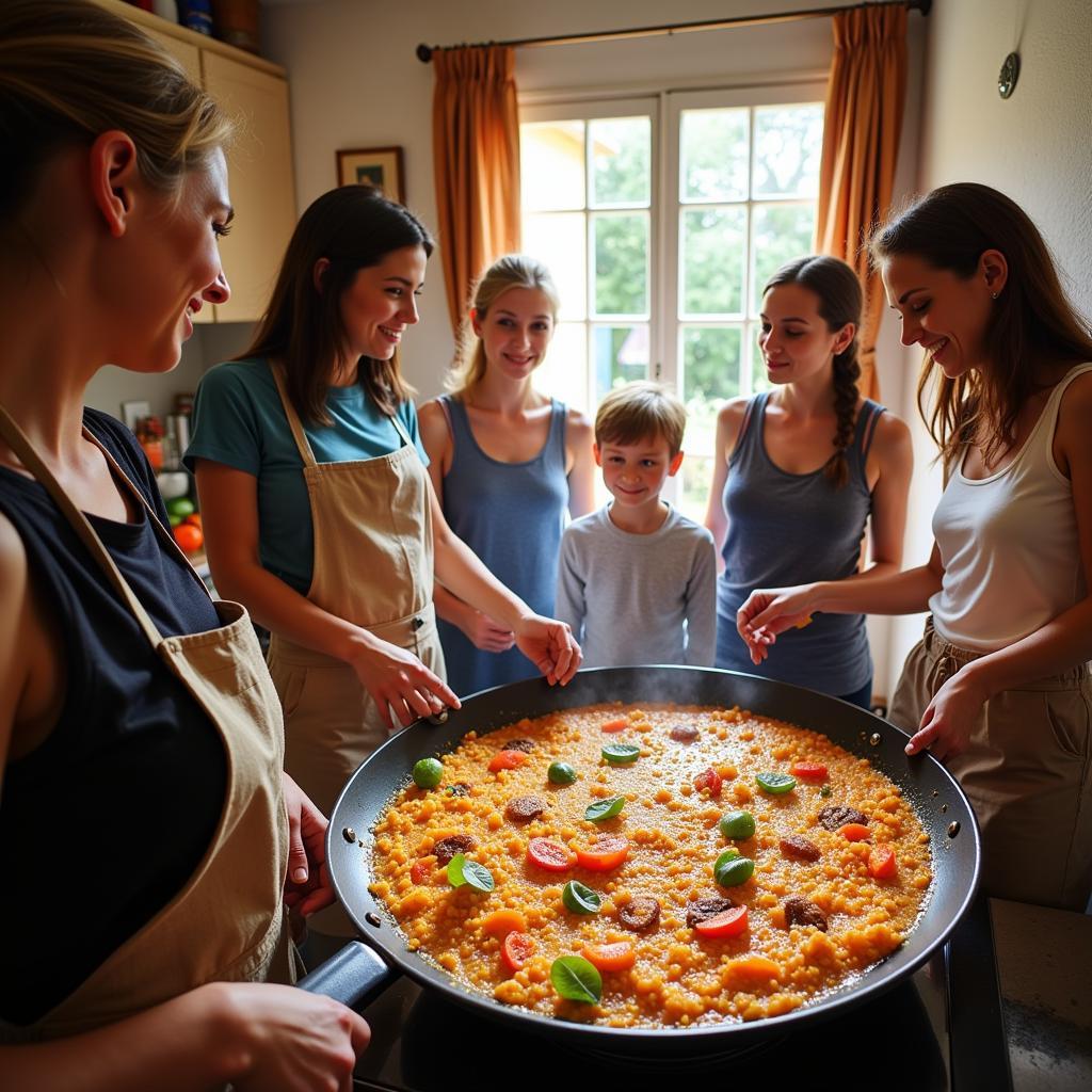 Guests enjoying a paella cooking class in a Spanish homestay