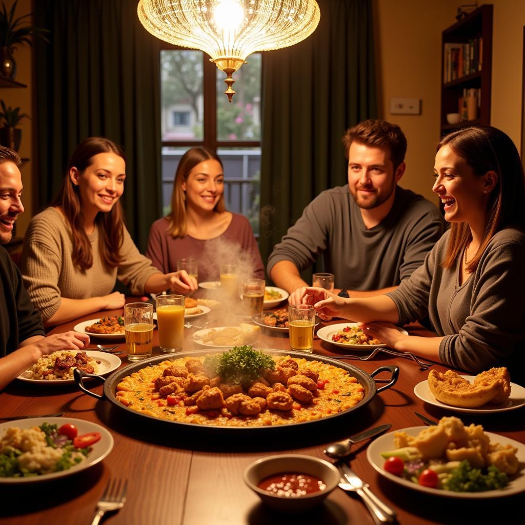 Family enjoying a traditional paella dinner in a Spanish homestay