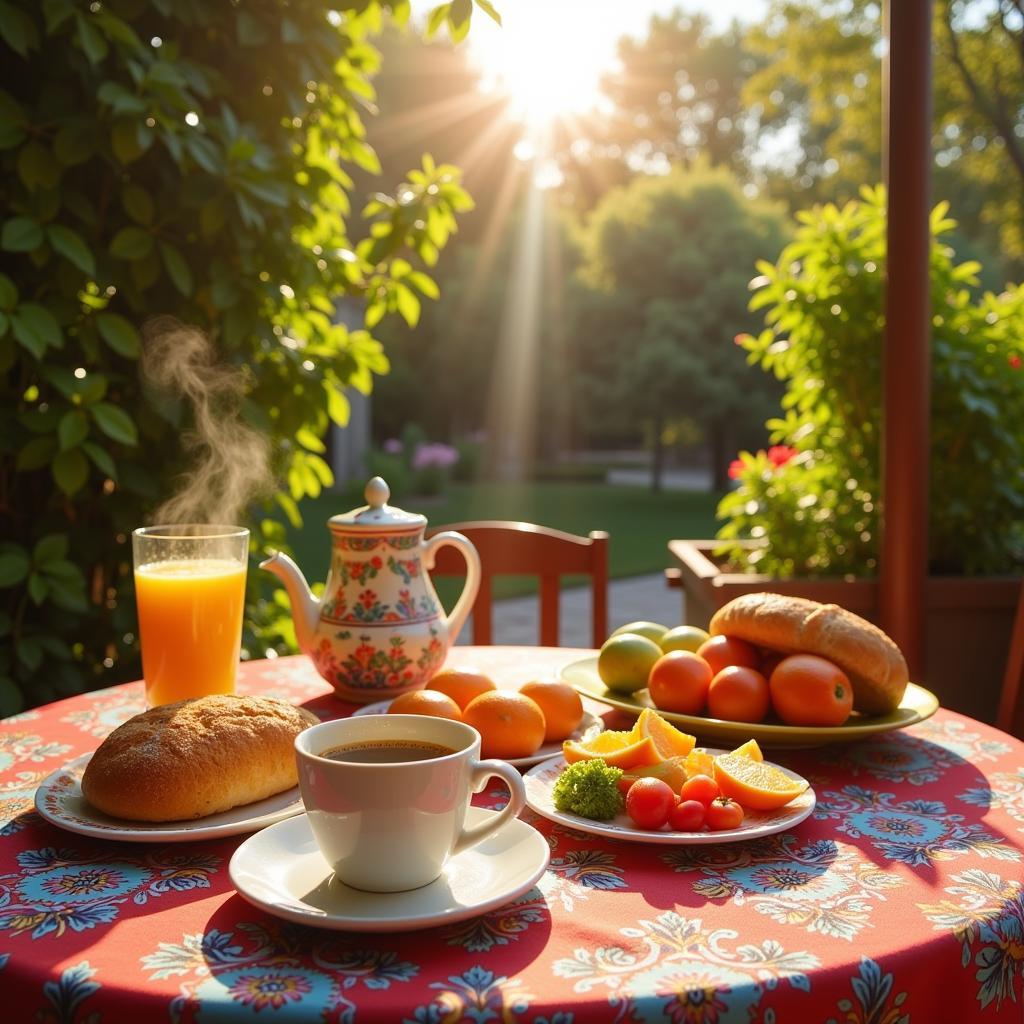 Enjoying a traditional Spanish breakfast in a sun-drenched patio of a homestay.