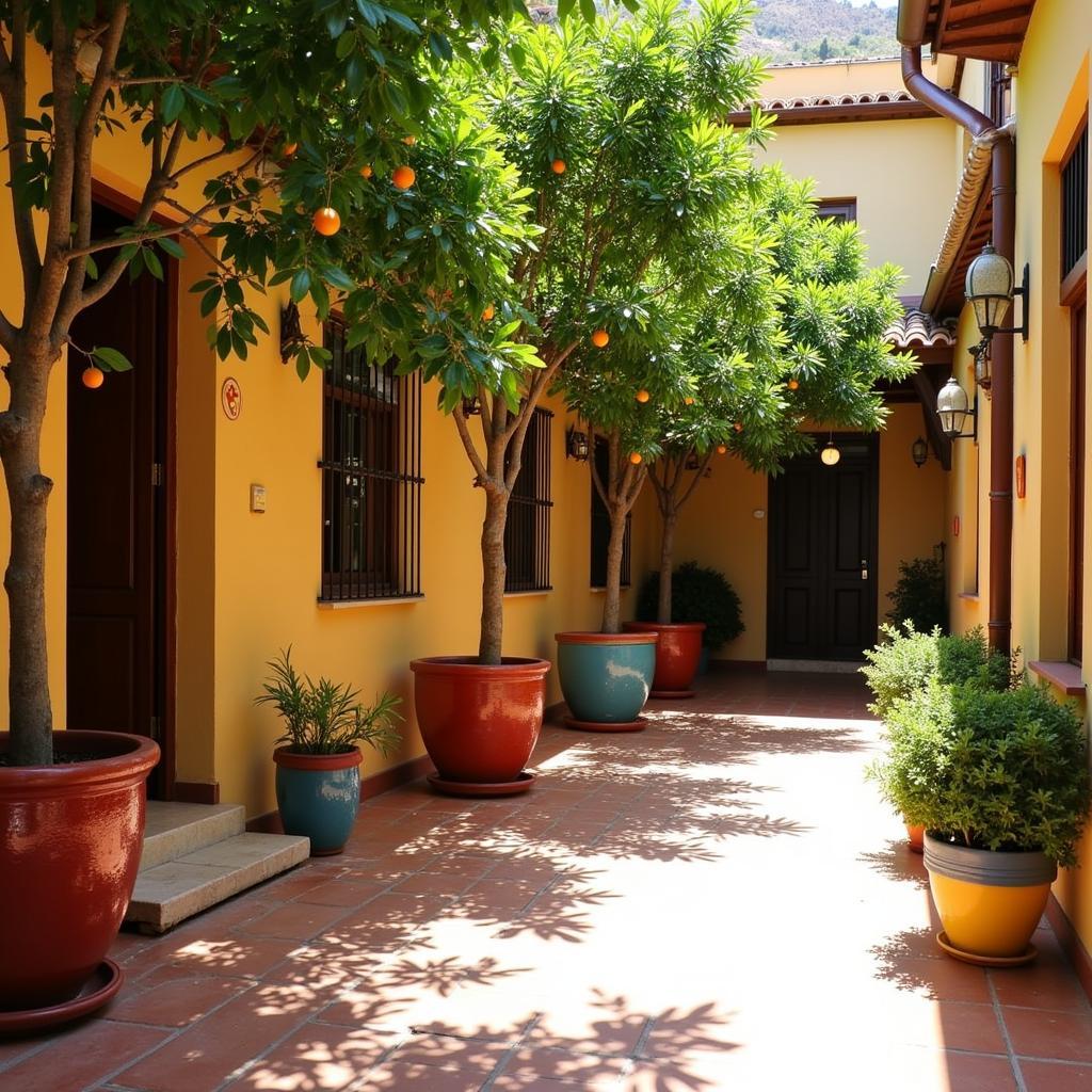 A beautiful Spanish patio with vibrant orange trees, offering a tranquil and welcoming atmosphere for homestay guests.