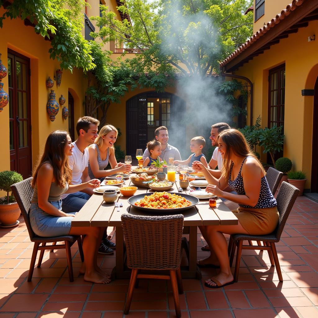 A vibrant Spanish patio scene with a large paella dish being prepared, surrounded by happy people enjoying drinks and conversation.