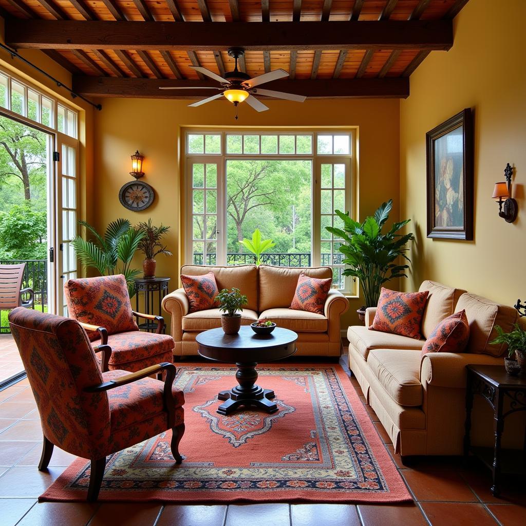 Spanish-themed living room in a Peermade homestay