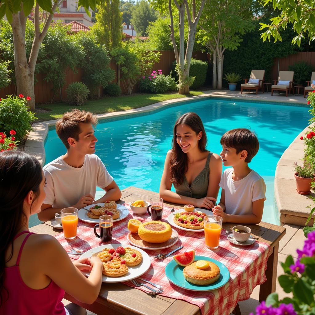 Enjoying a poolside breakfast at a Spanish homestay