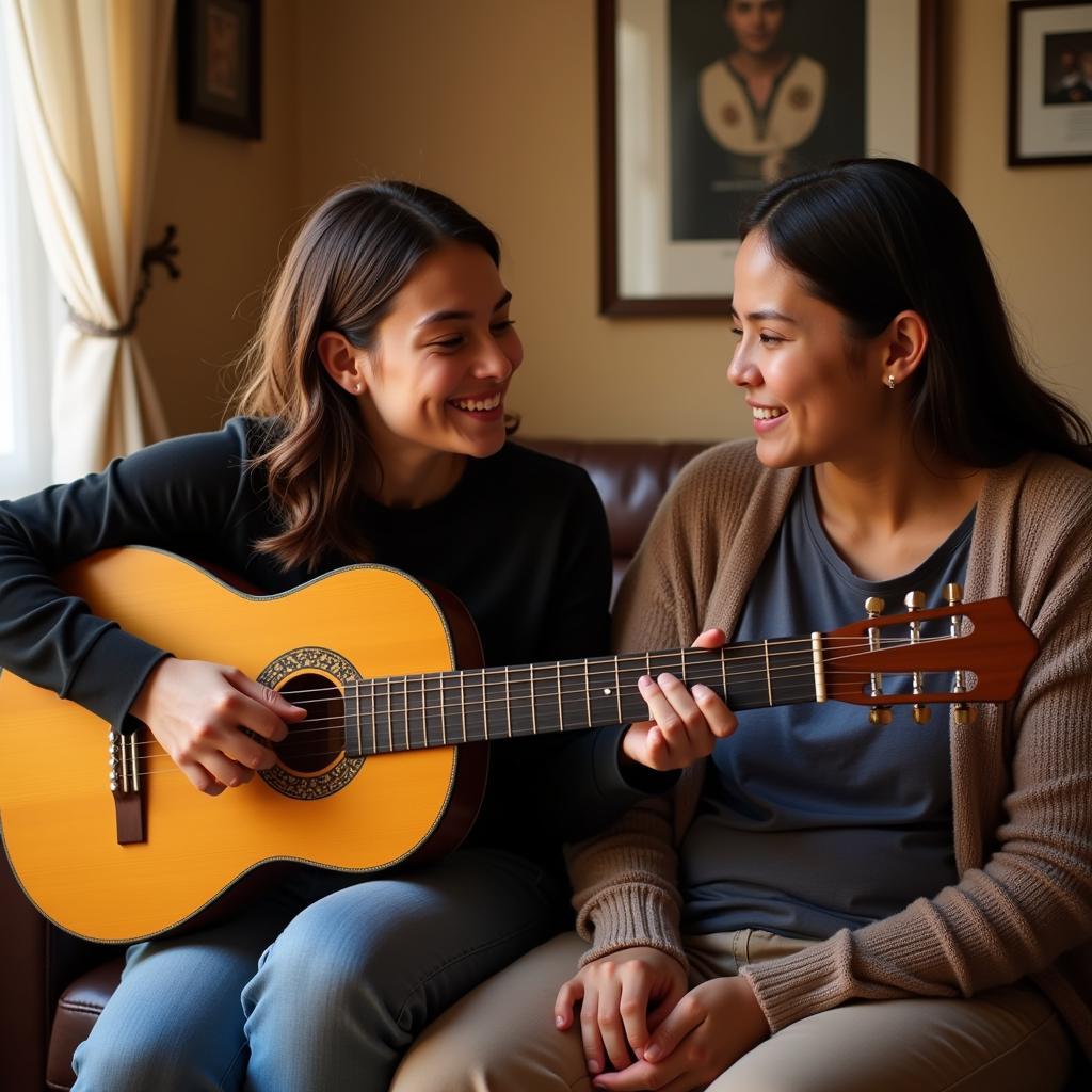 A Spanish homestay student learning to play the guitar with their host family