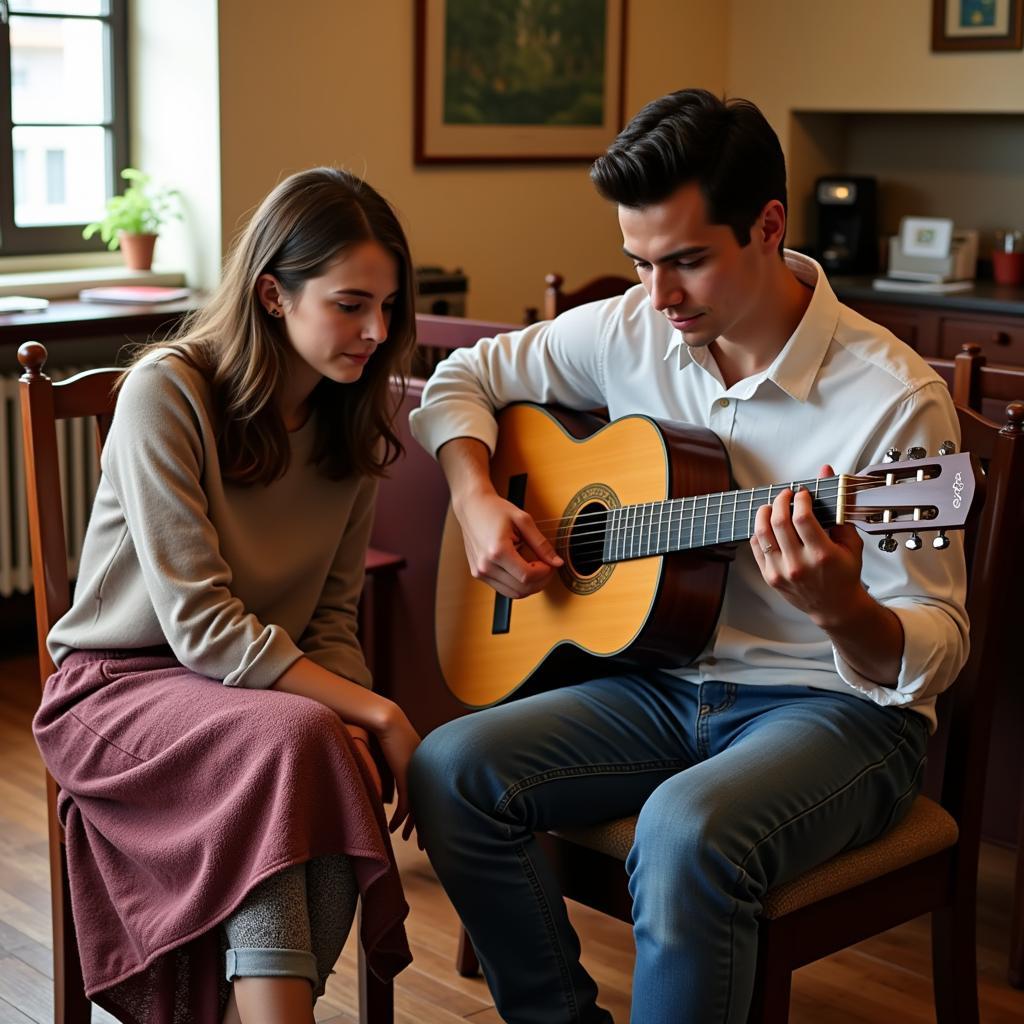 A homestay student learns to play the guitar from their Spanish host