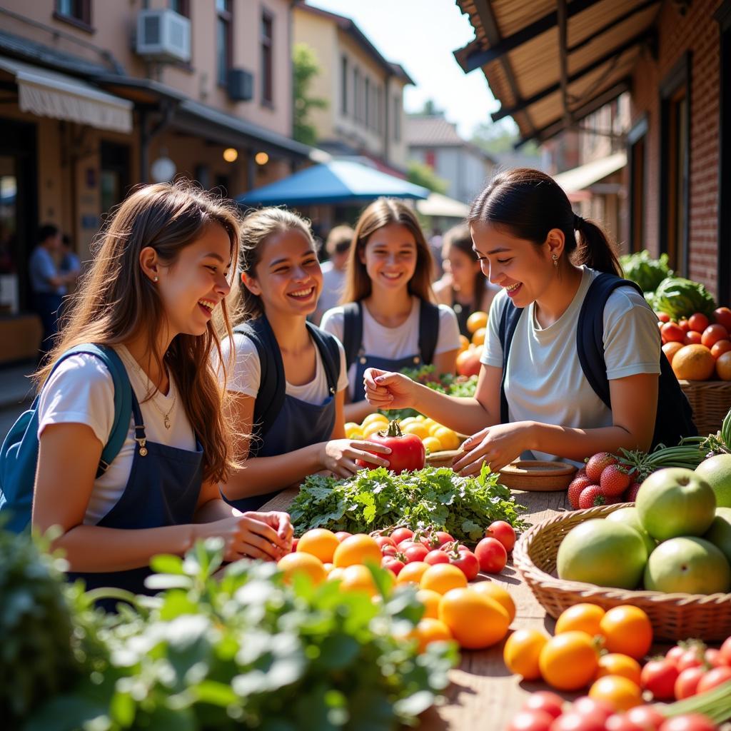 Homestay students explore a bustling local market in Spain